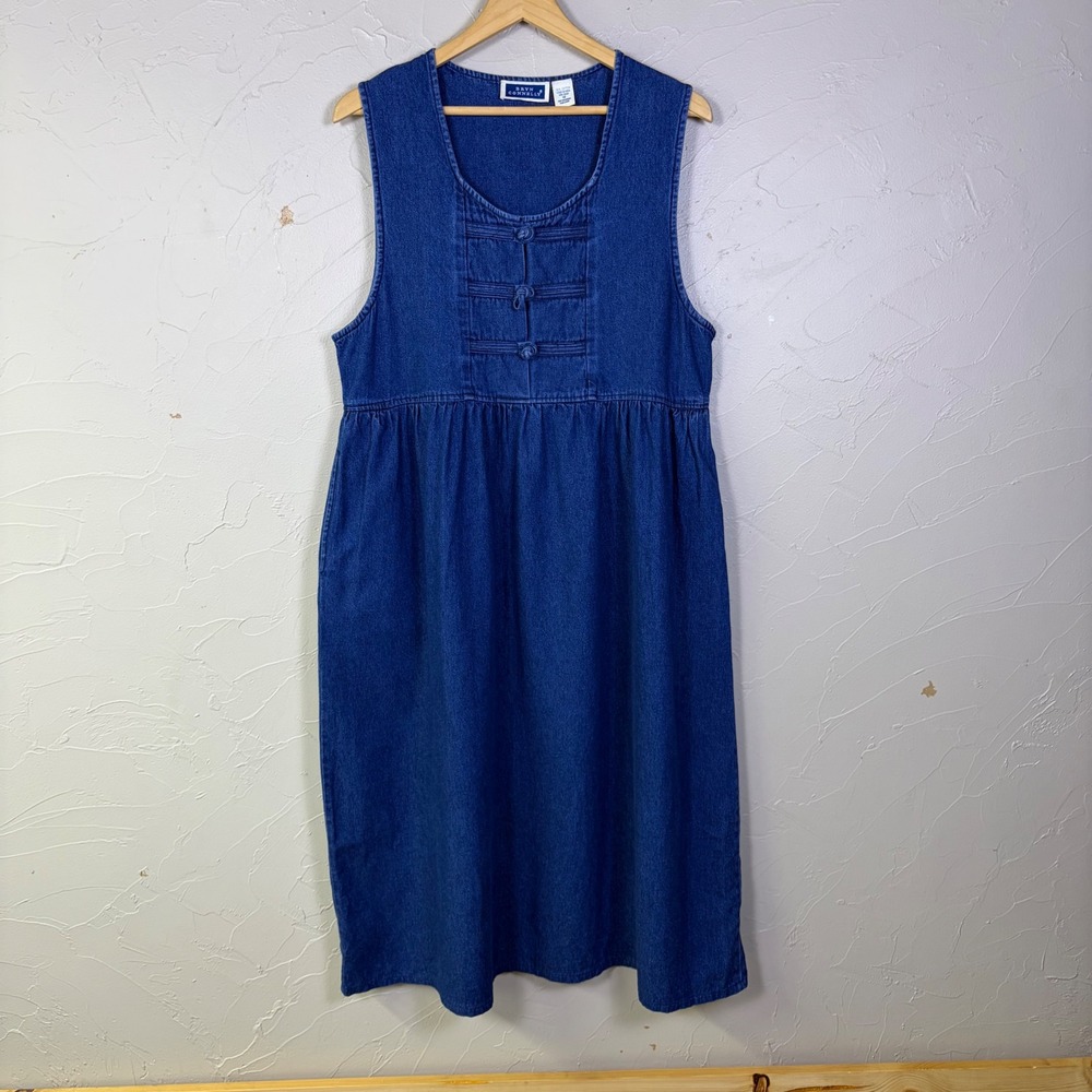 Vintage 90s Bryn Connelly Denim Jumper Dress 12 Blue Frog Closure Pockets Midi